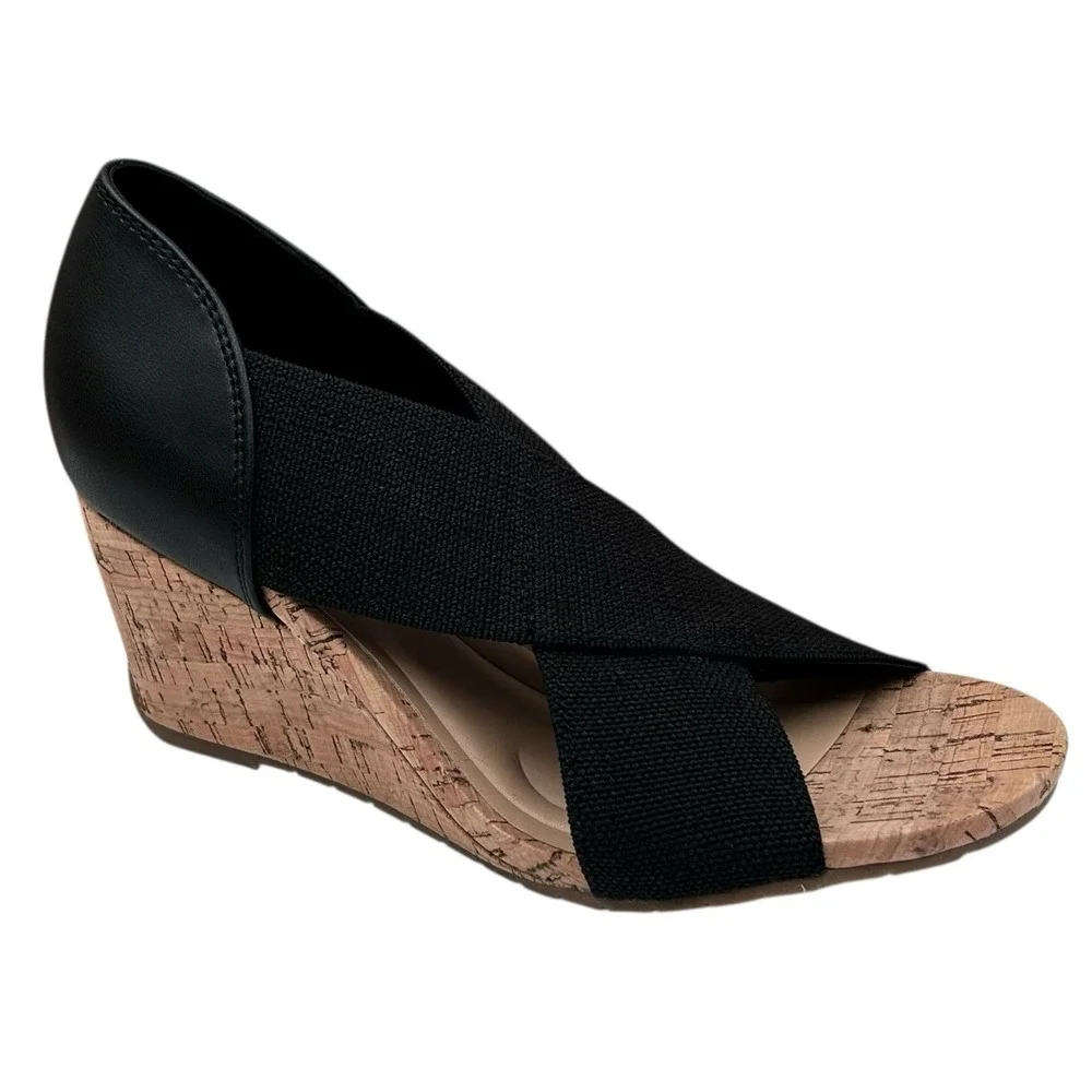 Kenneth Cole Gelena Women's Stretch Cork Wedge‎ Sandal Size 9 Black-Tan Open Toe